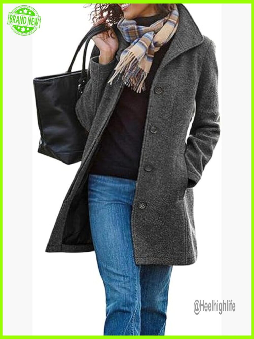Women's Wool Blend Pea Coat Single Breasted Stand Collar Trench Overcoat